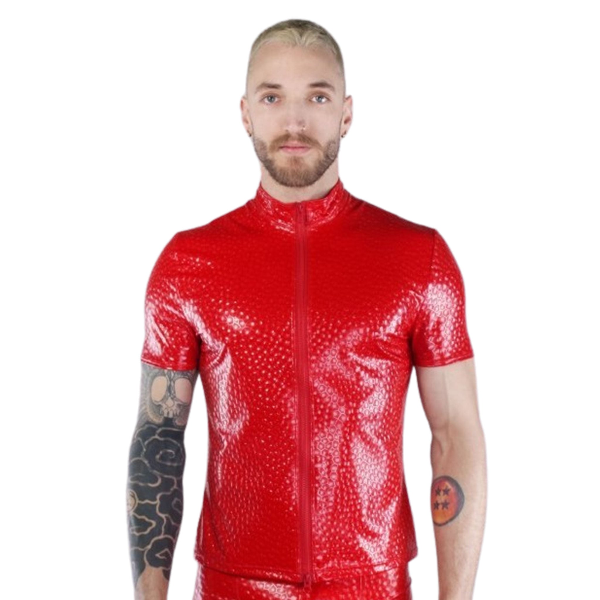 PVC vinyl elastane polyurethane polyester tops shirt shortsleeve short-sleeve classic zipper front-zup dual-direction 
eye-catching shiny glossy holographic pattern geometric fetish fashion alt-fashion cyber cyber-punk male masculine masc mens menswear guys dudes red