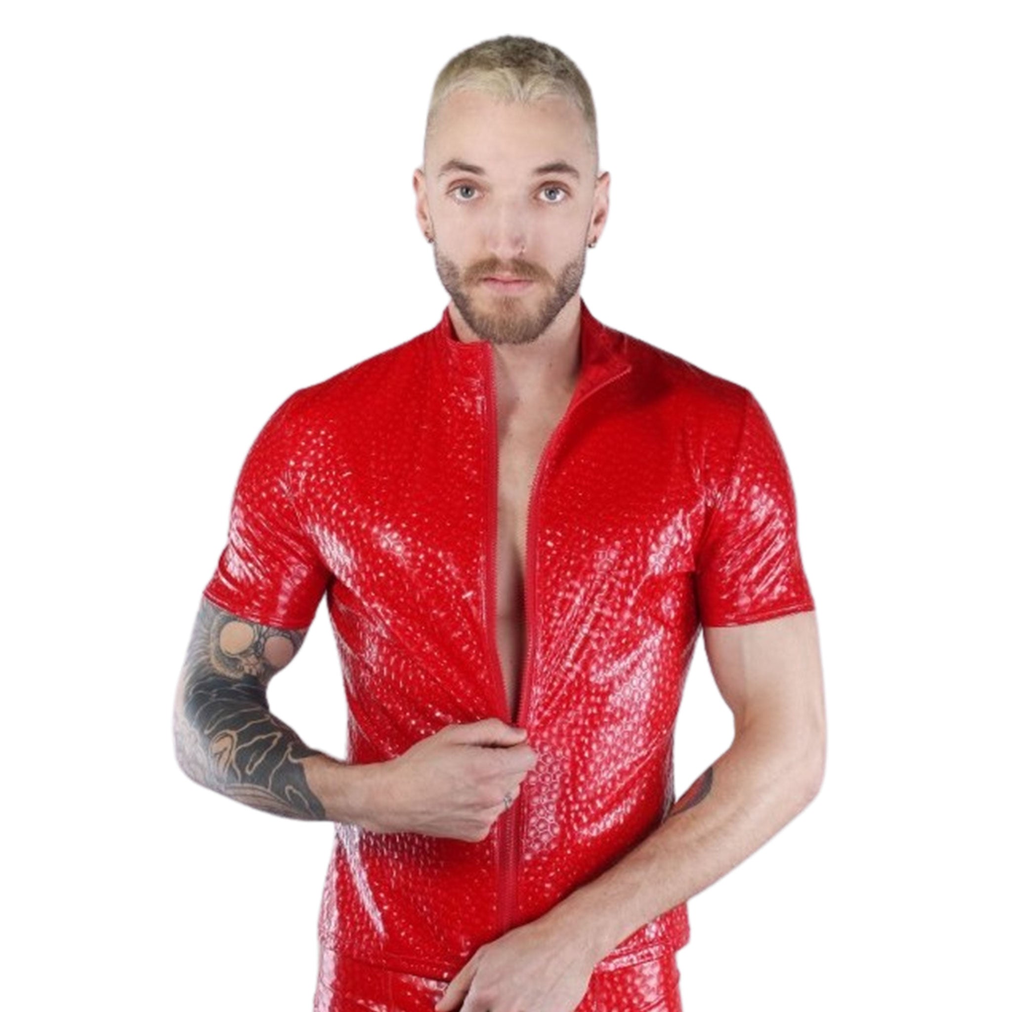 PVC vinyl elastane polyurethane polyester tops shirt shortsleeve short-sleeve classic zipper front-zup dual-direction 
eye-catching shiny glossy holographic pattern geometric fetish fashion alt-fashion cyber cyber-punk male masculine masc mens menswear guys dudes red