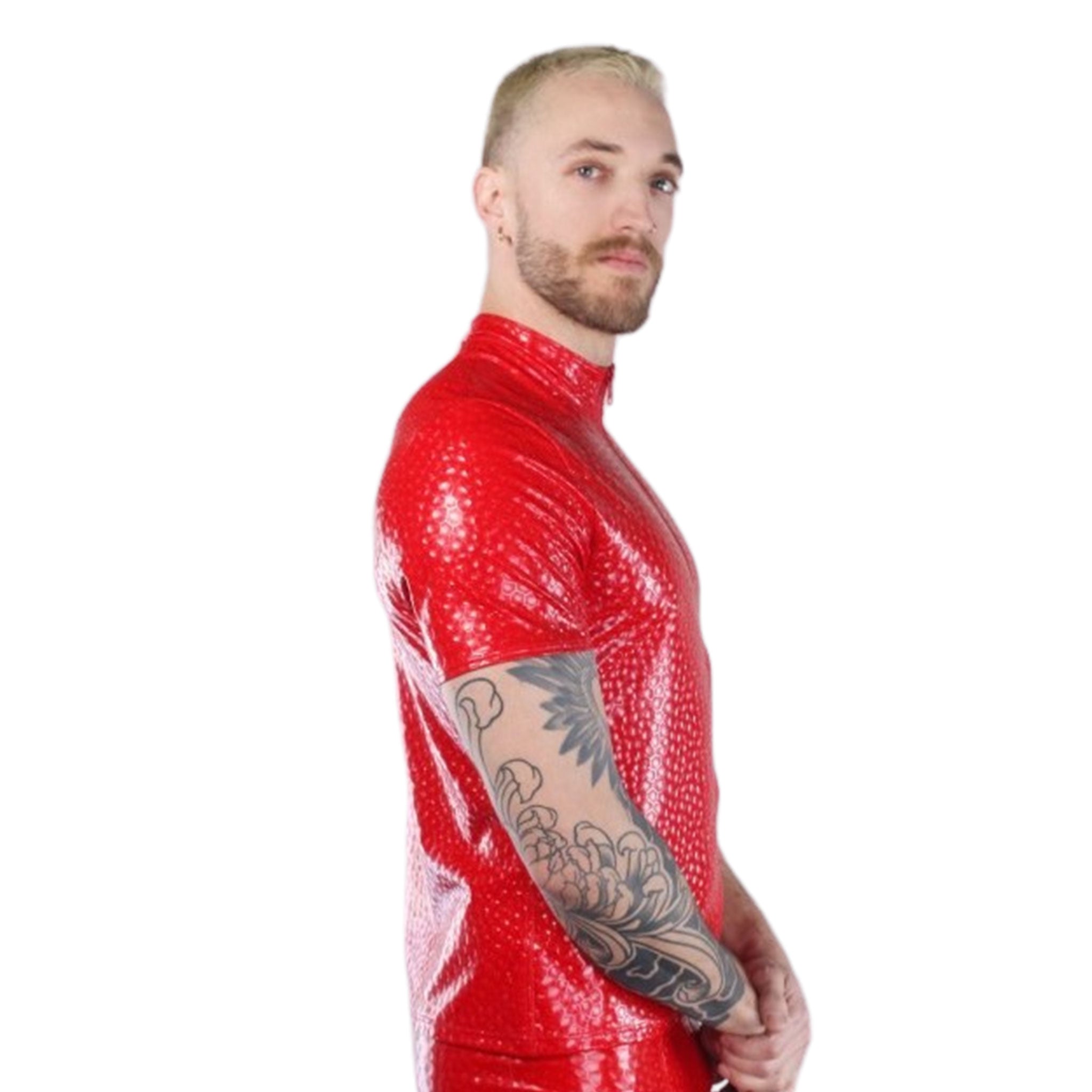 PVC vinyl elastane polyurethane polyester tops shirt shortsleeve short-sleeve classic zipper front-zup dual-direction 
eye-catching shiny glossy holographic pattern geometric fetish fashion alt-fashion cyber cyber-punk male masculine masc mens menswear guys dudes red