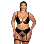 PVC vinyl polyurethane elastane polyester nylon mesh sheer transparent intimates lingerie lingerie-set bra underwire panty panties chevron-window mesh-window open-back double-lobster lobster-clasp O-ring adjustable shoulder-straps hook-and-eye chap-garters garter-stays swanhook swan-hook bdsm fetish fashion perky female femme feminine women black gold queen plus-size curvy