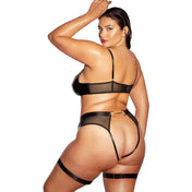 PVC vinyl polyurethane elastane polyester nylon mesh sheer transparent intimates lingerie lingerie-set bra underwire panty panties chevron-window mesh-window open-back double-lobster lobster-clasp O-ring adjustable shoulder-straps hook-and-eye chap-garters garter-stays swanhook swan-hook bdsm fetish fashion perky female femme feminine women black gold queen plus-size curvy