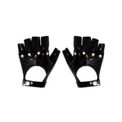PVC vinyl gloves fingerless grommets knuckles open-back ventilated snap-button press-button stretchy female feminine femme women daring kink kinky kinkwear kinky-gear costume cosplay halloween accessories black gold