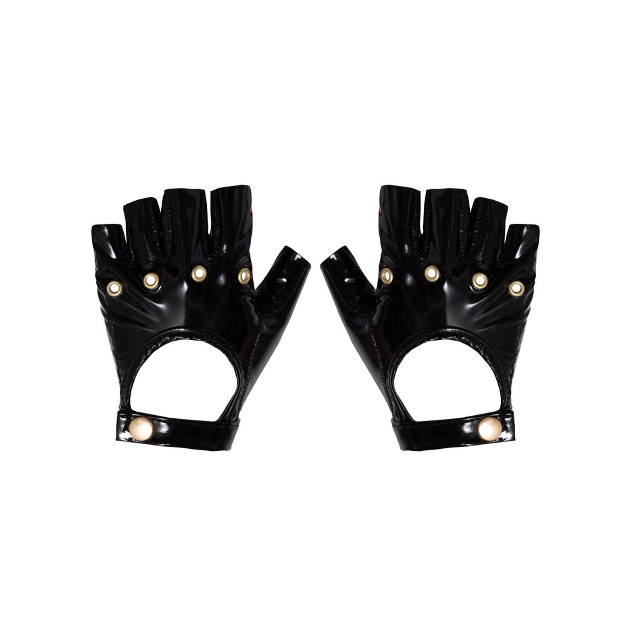 PVC vinyl gloves fingerless grommets knuckles open-back ventilated snap-button press-button stretchy female feminine femme women daring kink kinky kinkwear kinky-gear costume cosplay halloween accessories black gold