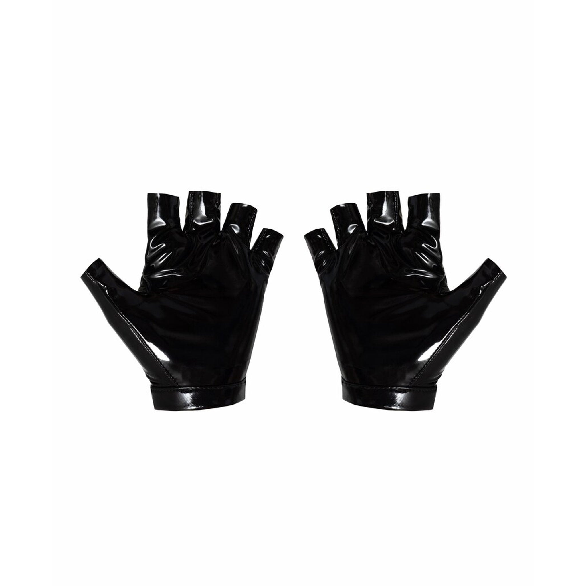 PVC vinyl gloves fingerless grommets knuckles open-back ventilated snap-button press-button stretchy female feminine femme women daring kink kinky kinkwear kinky-gear costume cosplay halloween accessories black gold