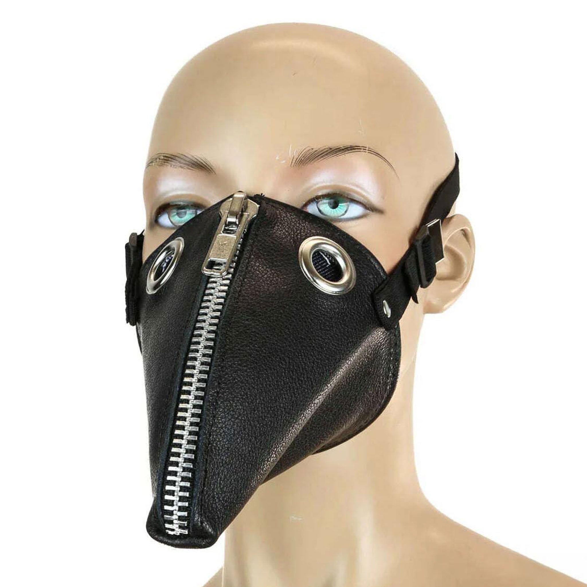 PVC textured faux-leather denim elastic accessories headgear mask cone beak muzzle long zip zipper full-length functional denim-lining ventilated fetish fashion alt-fashion kink kinky bdsm bdsm-gear punk goth gothic cyber cyberpunk rave ravewear dark-raver costume cosplay animal-play pet-play bird plague-doctor unisex black