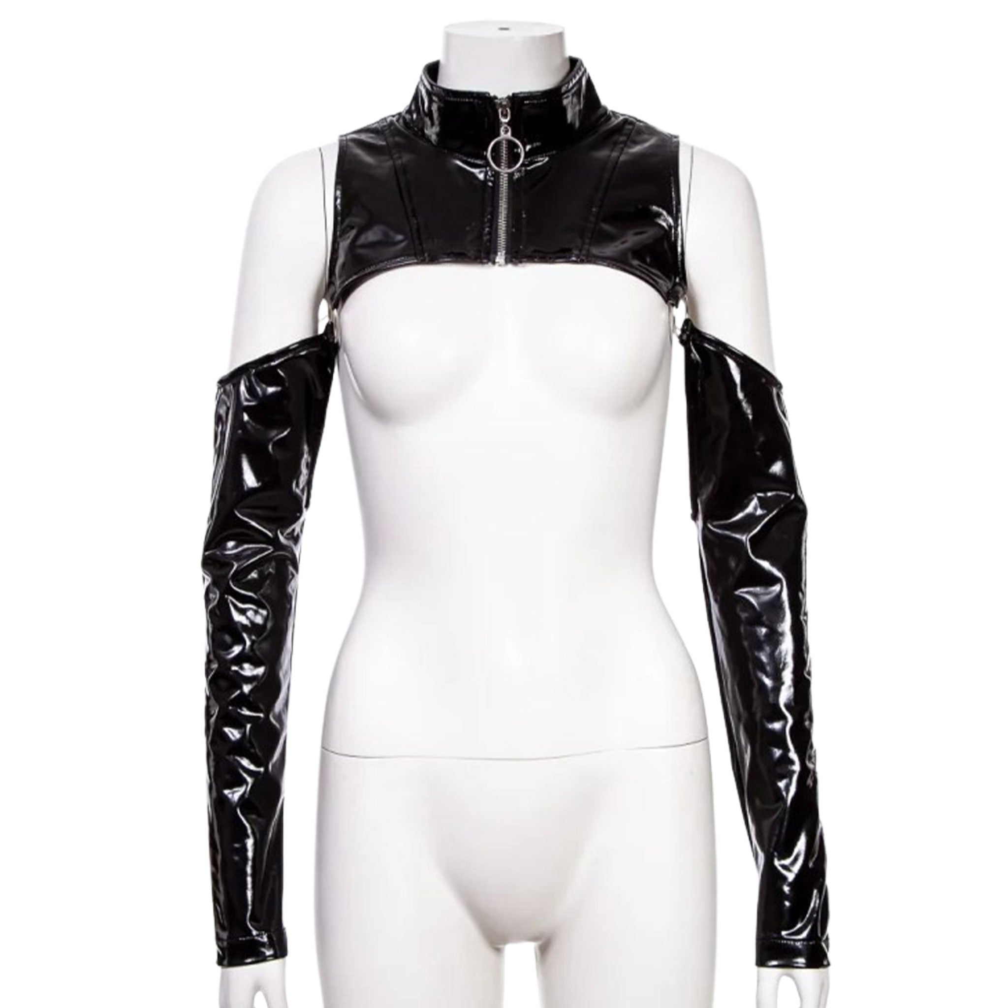 PVC vinyl pleather top jacket bolero shrug croptop crop-top long-sleeve longsleeve sleeves sleeved O-ring anchor off-shoulder open-shoulder cold-shoulder high-collar high-neck front-zip zipper shiny glossy nu-goth nugoth fetish fashion cyber cyber-punk rave ravewear rave-wear clubwear club goth gothic goth-doll female femme feminine women black