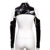 PVC vinyl pleather top jacket bolero shrug croptop crop-top long-sleeve longsleeve sleeves sleeved O-ring anchor off-shoulder open-shoulder cold-shoulder high-collar high-neck front-zip zipper shiny glossy nu-goth nugoth fetish fashion cyber cyber-punk rave ravewear rave-wear clubwear club goth gothic goth-doll female femme feminine women black