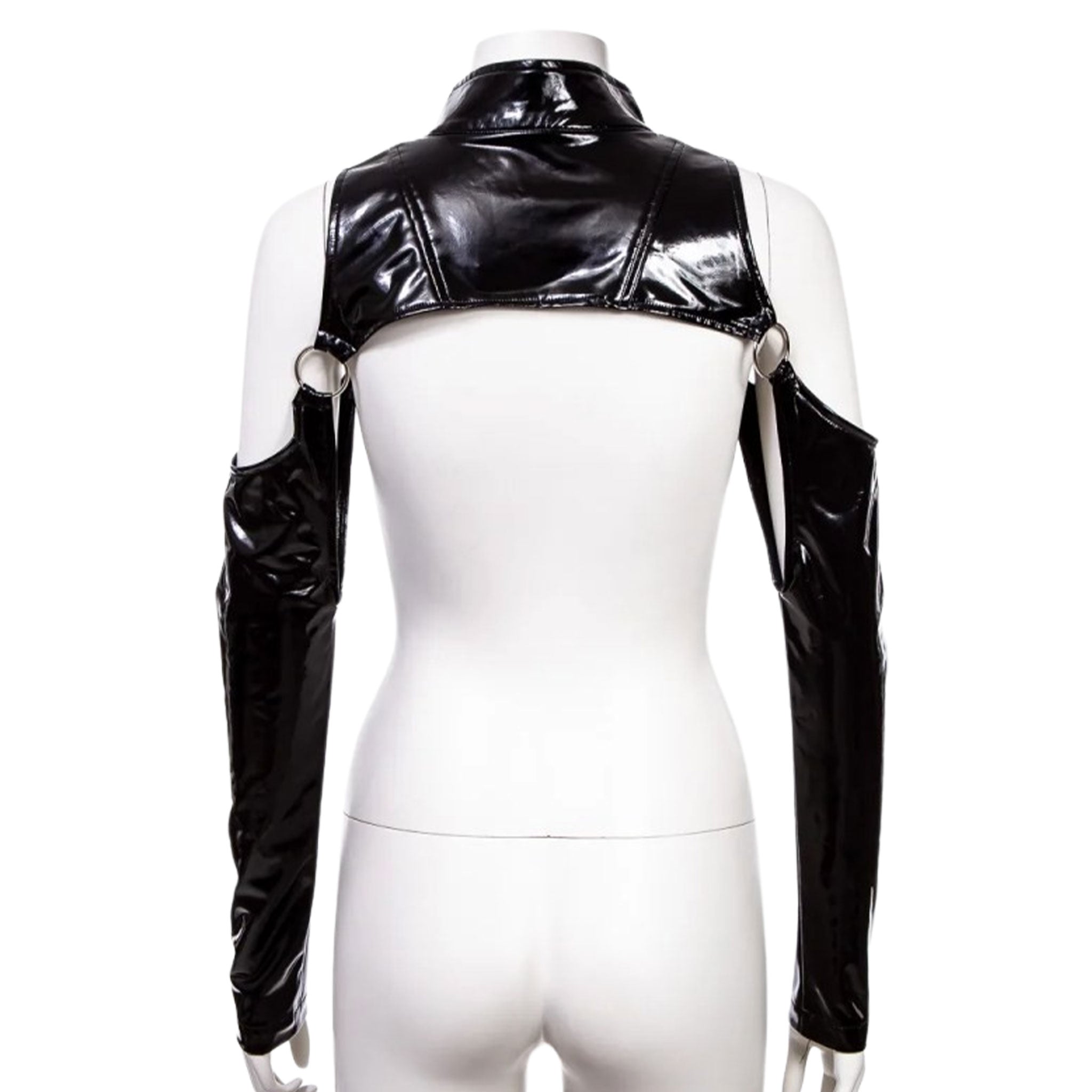 PVC vinyl pleather top jacket bolero shrug croptop crop-top long-sleeve longsleeve sleeves sleeved O-ring anchor off-shoulder open-shoulder cold-shoulder high-collar high-neck front-zip zipper shiny glossy nu-goth nugoth fetish fashion cyber cyber-punk rave ravewear rave-wear clubwear club goth gothic goth-doll female femme feminine women black