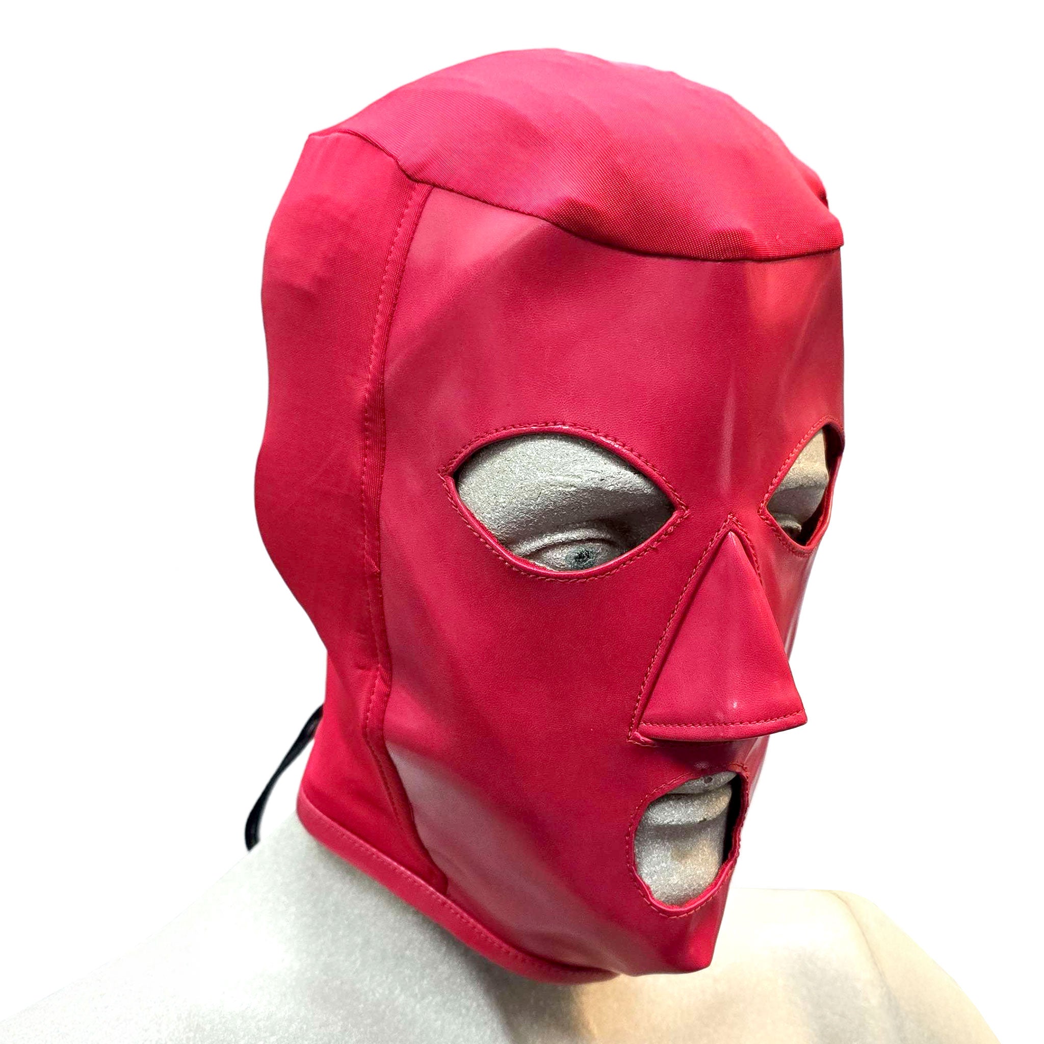 Lycra PVC vinyl nylon-cording metallic-grommets accessories headgear head-gear hood mask full-face anatomical raised-nose nose-guard back-laceup lace-up functional eye-catching shiny glossy breathable fetish fashion alt-fashion bondage bdsm bdsm-gear bdsm-fashion bdsm-toys kink kinky kinkwear kink-wear kinky-play costume cosplay halloween unisex red
