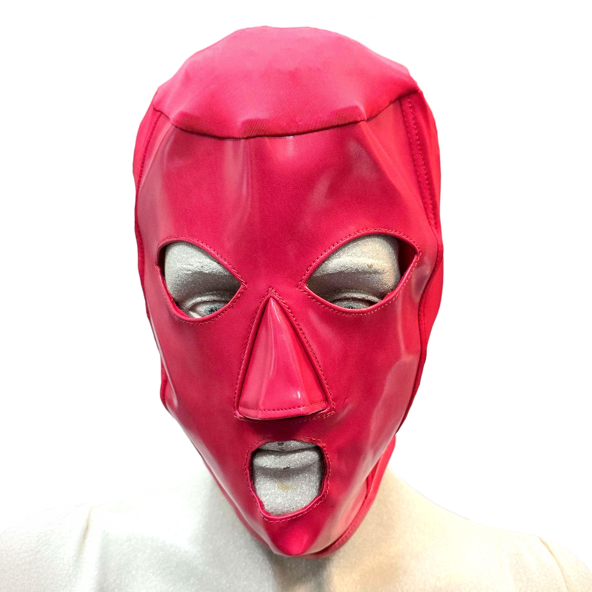 Lycra PVC vinyl nylon-cording metallic-grommets accessories headgear head-gear hood mask full-face anatomical raised-nose nose-guard back-laceup lace-up functional eye-catching shiny glossy breathable fetish fashion alt-fashion bondage bdsm bdsm-gear bdsm-fashion bdsm-toys kink kinky kinkwear kink-wear kinky-play costume cosplay halloween unisex red
