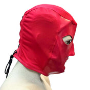 Lycra PVC vinyl nylon-cording metallic-grommets accessories headgear head-gear hood mask full-face anatomical raised-nose nose-guard back-laceup lace-up functional eye-catching shiny glossy breathable fetish fashion alt-fashion bondage bdsm bdsm-gear bdsm-fashion bdsm-toys kink kinky kinkwear kink-wear kinky-play costume cosplay halloween unisex red