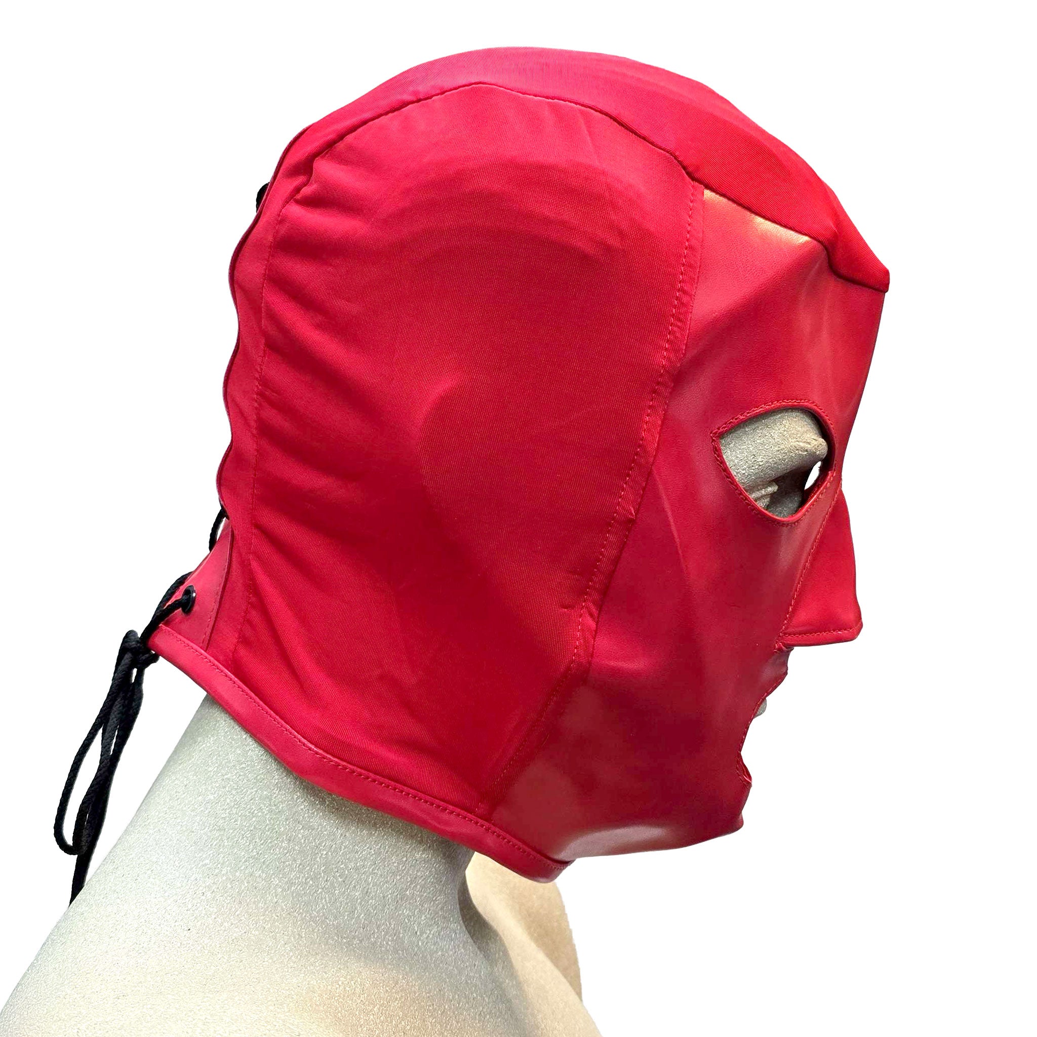 Lycra PVC vinyl nylon-cording metallic-grommets accessories headgear head-gear hood mask full-face anatomical raised-nose nose-guard back-laceup lace-up functional eye-catching shiny glossy breathable fetish fashion alt-fashion bondage bdsm bdsm-gear bdsm-fashion bdsm-toys kink kinky kinkwear kink-wear kinky-play costume cosplay halloween unisex red