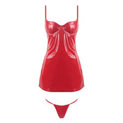 PVC vinyl nylon spandex patent minidress mini-dress chemise babydoll baby-doll slip unlined underwire cups support adjustable shoulder-straps deep-plunge sweetheart neckline side-seam hidden-zip stretchy 4-way-stretch gstring g-string panty panties 2pc 2-pc 2-piece two-piece shiny glossy trinity valentine clubwear female femme feminine women red