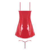 PVC vinyl nylon spandex patent minidress mini-dress chemise babydoll baby-doll slip unlined underwire cups support adjustable shoulder-straps deep-plunge sweetheart neckline side-seam hidden-zip stretchy 4-way-stretch gstring g-string panty panties 2pc 2-pc 2-piece two-piece shiny glossy trinity valentine clubwear female femme feminine women red