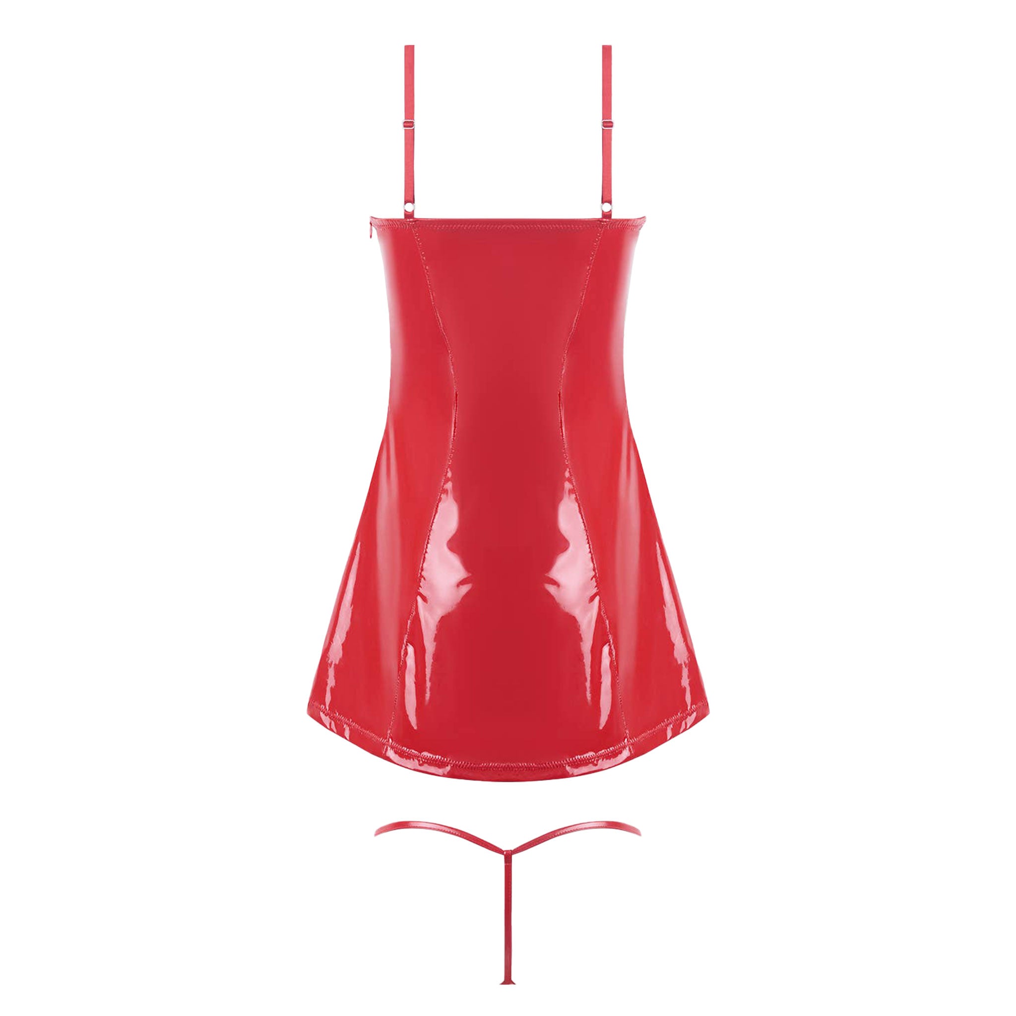 PVC vinyl nylon spandex patent minidress mini-dress chemise babydoll baby-doll slip unlined underwire cups support adjustable shoulder-straps deep-plunge sweetheart neckline side-seam hidden-zip stretchy 4-way-stretch gstring g-string panty panties 2pc 2-pc 2-piece two-piece shiny glossy trinity valentine clubwear female femme feminine women red