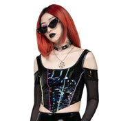 PVC Polyester polyurethane elastane wetlook-material mesh apparel top corset-top off-shoulder shoulder-cutout longsleeve long-sleeve sleeves sleeved piping mesh-sleeves zipper full-zip back-zip pull-ring fitted fetish fashion alt-fashion alternative cyber cyberpunk rave raver-babe costume cosplay halloween eyekndy female femme feminine women black multicolor oil-sheen 