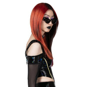 PVC Polyester polyurethane elastane wetlook-material mesh apparel top corset-top off-shoulder shoulder-cutout longsleeve long-sleeve sleeves sleeved piping mesh-sleeves zipper full-zip back-zip pull-ring fitted fetish fashion alt-fashion alternative cyber cyberpunk rave raver-babe costume cosplay halloween eyekndy female femme feminine women black multicolor oil-sheen 