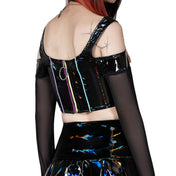 PVC Polyester polyurethane elastane wetlook-material mesh apparel top corset-top off-shoulder shoulder-cutout longsleeve long-sleeve sleeves sleeved piping mesh-sleeves zipper full-zip back-zip pull-ring fitted fetish fashion alt-fashion alternative cyber cyberpunk rave raver-babe costume cosplay halloween eyekndy female femme feminine women black multicolor oil-sheen 