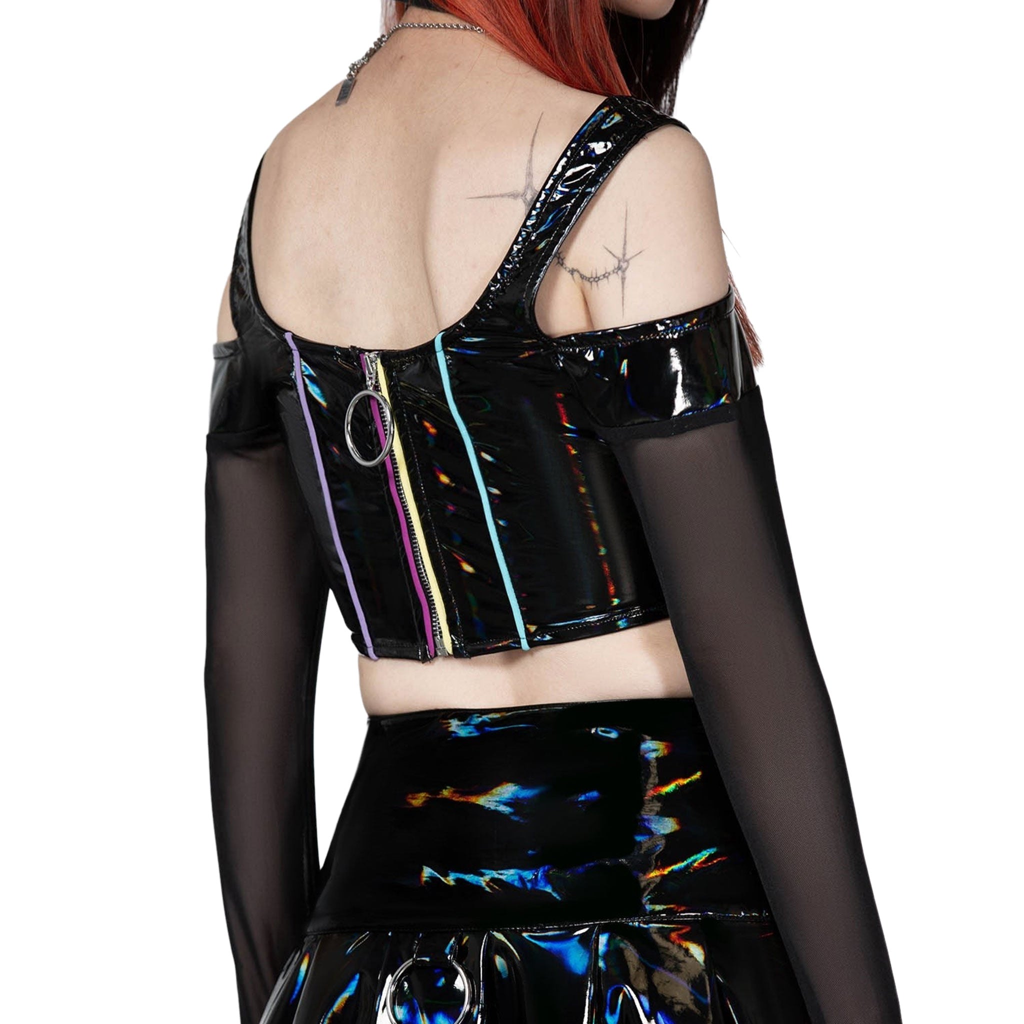 PVC Polyester polyurethane elastane wetlook-material mesh apparel top corset-top off-shoulder shoulder-cutout longsleeve long-sleeve sleeves sleeved piping mesh-sleeves zipper full-zip back-zip pull-ring fitted fetish fashion alt-fashion alternative cyber cyberpunk rave raver-babe costume cosplay halloween eyekndy female femme feminine women black multicolor oil-sheen 