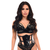 PVC vinyl cotton-denim nylon-cording mesh semi-transparent sheer apparel top corset mini-corset cincher underbust under-bust waist-training waist-cincher boning support steel-boning spiral-steel flat-steel lacing adjustable back-laceup lace-up front-busk busk-closure hosiery lingerie shiny glossy sleek sultry sheer bold edgy striking sexy stylish fetish fashion alt-fashion goth gothic goth-doll costume cosplay halloween gifts female femme feminine women black nude