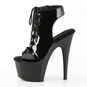 PVC vinyl patent-leather rubber footwear shoes bootie heels platform stiletto stiletto-heel open-toe open-heel laceup lace-up glossy shiny bold sultry edgy strut sleek confident club clubwear club-wear party fetish fashion female femme feminine women black