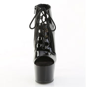 PVC vinyl patent-leather rubber footwear shoes bootie heels platform stiletto stiletto-heel open-toe open-heel laceup lace-up glossy shiny bold sultry edgy strut sleek confident club clubwear club-wear party fetish fashion female femme feminine women black