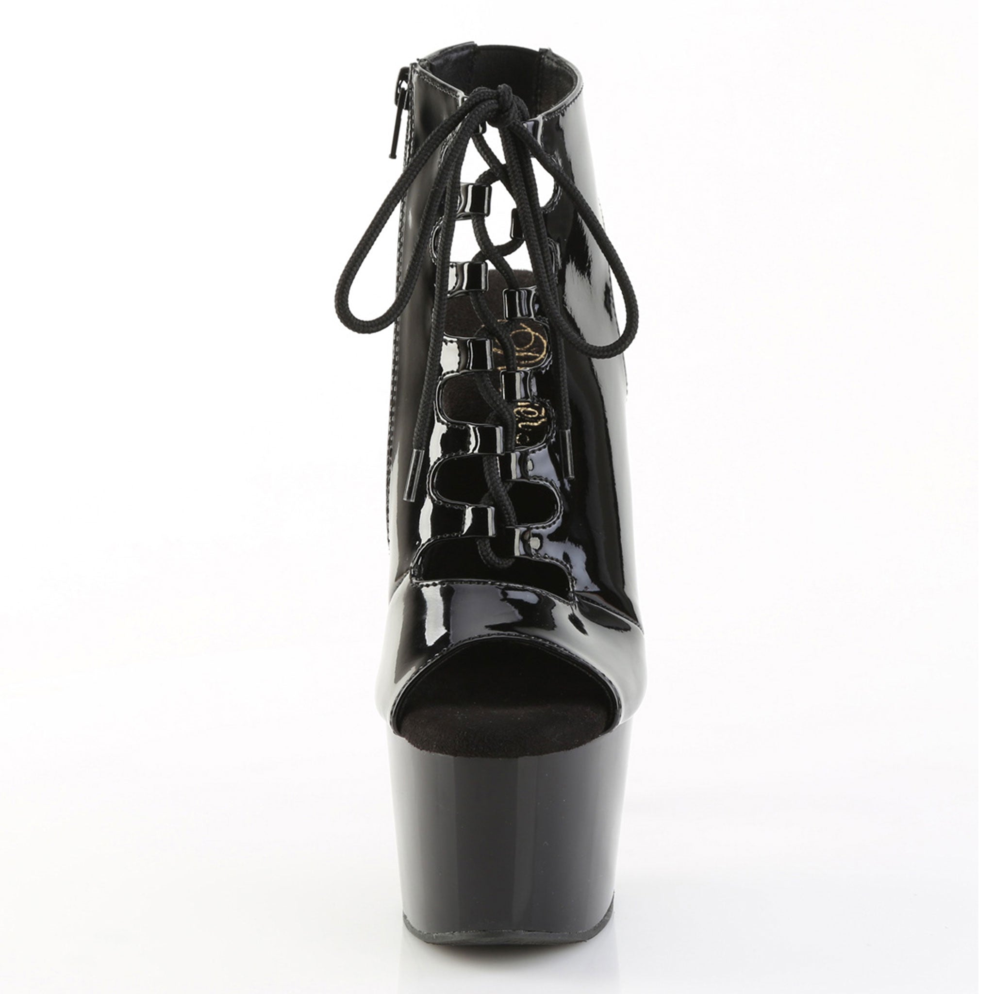 PVC vinyl patent-leather rubber footwear shoes bootie heels platform stiletto stiletto-heel open-toe open-heel laceup lace-up glossy shiny bold sultry edgy strut sleek confident club clubwear club-wear party fetish fashion female femme feminine women black