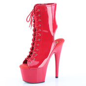 PVC vinyl patent-leather nylon-cording synthetic footwear booties ankle-bootie ankle-boot platform-bootie platform-stiletto stiletto-bootie open-toe open-heel laceup lace-up inside-zip zipper shiny glossy fetish fashion alt-fashion dancewear fierce sultry height stability daring edgy bold fetish-inspired sexy female feminine femme women red