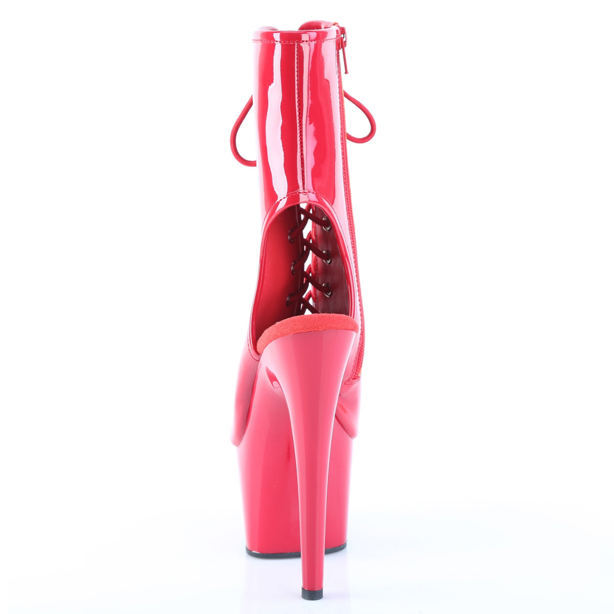 PVC vinyl patent-leather nylon-cording synthetic footwear booties ankle-bootie ankle-boot platform-bootie platform-stiletto stiletto-bootie open-toe open-heel laceup lace-up inside-zip zipper shiny glossy fetish fashion alt-fashion dancewear fierce sultry height stability daring edgy bold fetish-inspired sexy female feminine femme women red