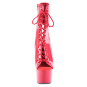PVC vinyl patent-leather nylon-cording synthetic footwear booties ankle-bootie ankle-boot platform-bootie platform-stiletto stiletto-bootie open-toe open-heel laceup lace-up inside-zip zipper shiny glossy fetish fashion alt-fashion dancewear fierce sultry height stability daring edgy bold fetish-inspired sexy female feminine femme women red