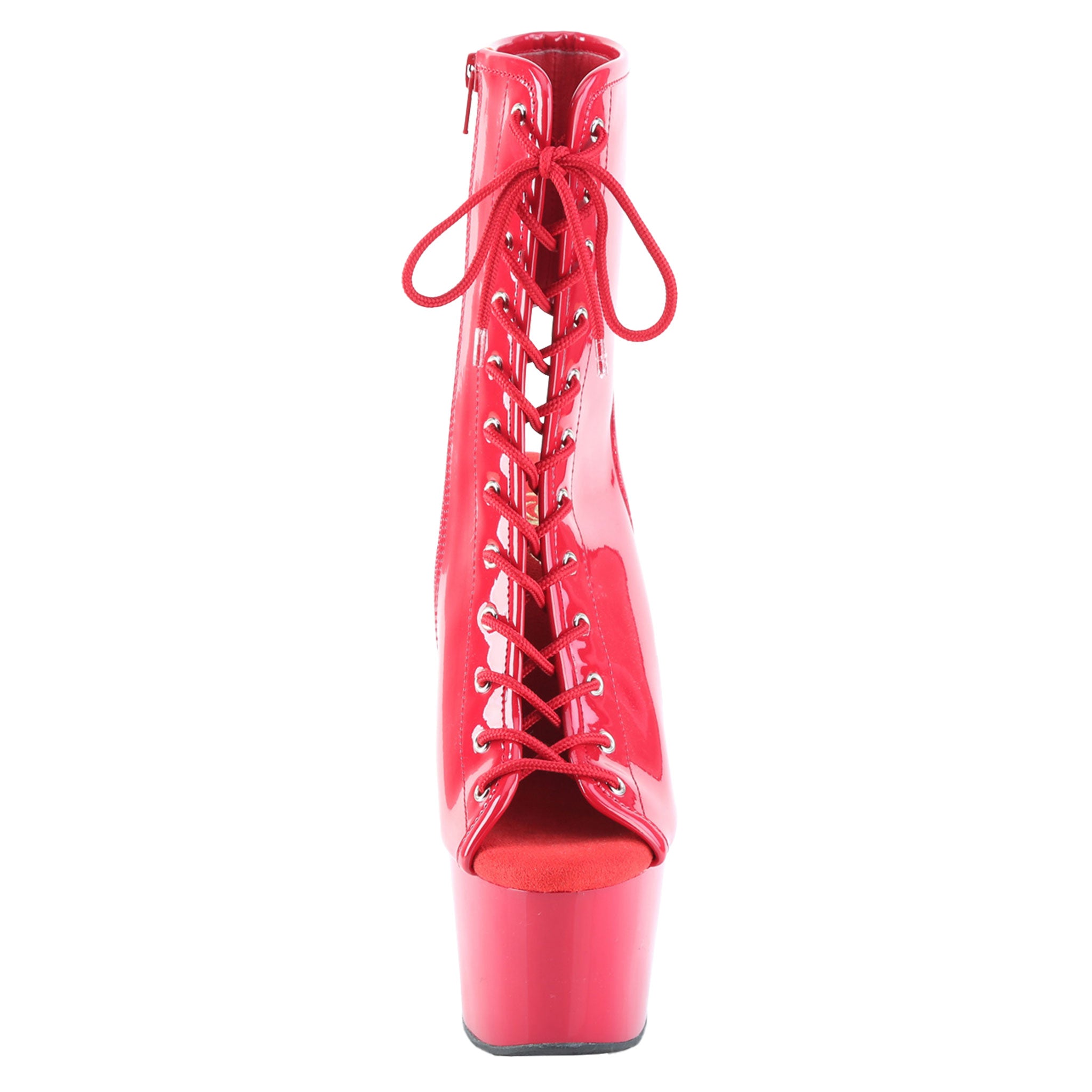 PVC vinyl patent-leather nylon-cording synthetic footwear booties ankle-bootie ankle-boot platform-bootie platform-stiletto stiletto-bootie open-toe open-heel laceup lace-up inside-zip zipper shiny glossy fetish fashion alt-fashion dancewear fierce sultry height stability daring edgy bold fetish-inspired sexy female feminine femme women red