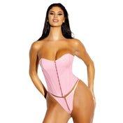 PVC vinyl polyurethane elastane polyester apparel intimates underwear lingerie lingerie-set 2pc 2-pc 2-piece two-piece corset overbust-corset cincher bustier boned front-zip zipper panty g-string sexy fashion alt-fashion bedroom female femme feminine womens pink baby-pink rose-gold