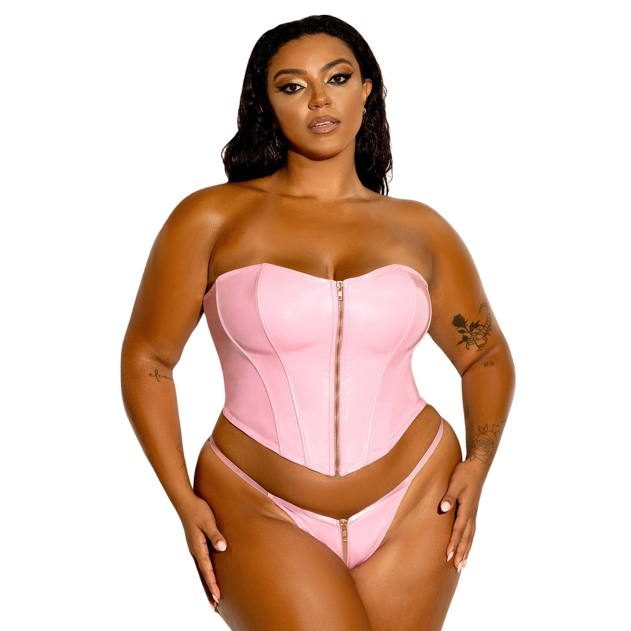 PVC vinyl polyurethane elastane polyester apparel intimates underwear lingerie lingerie-set 2pc 2-pc 2-piece two-piece corset overbust-corset cincher bustier boned front-zip zipper panty g-string sexy fashion alt-fashion bedroom female femme feminine womens pink baby-pink rose-gold plus curvy queen