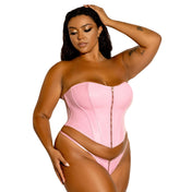 PVC vinyl polyurethane elastane polyester apparel intimates underwear lingerie lingerie-set 2pc 2-pc 2-piece two-piece corset overbust-corset cincher bustier boned front-zip zipper panty g-string sexy fashion alt-fashion bedroom female femme feminine womens pink baby-pink rose-gold plus curvy queen