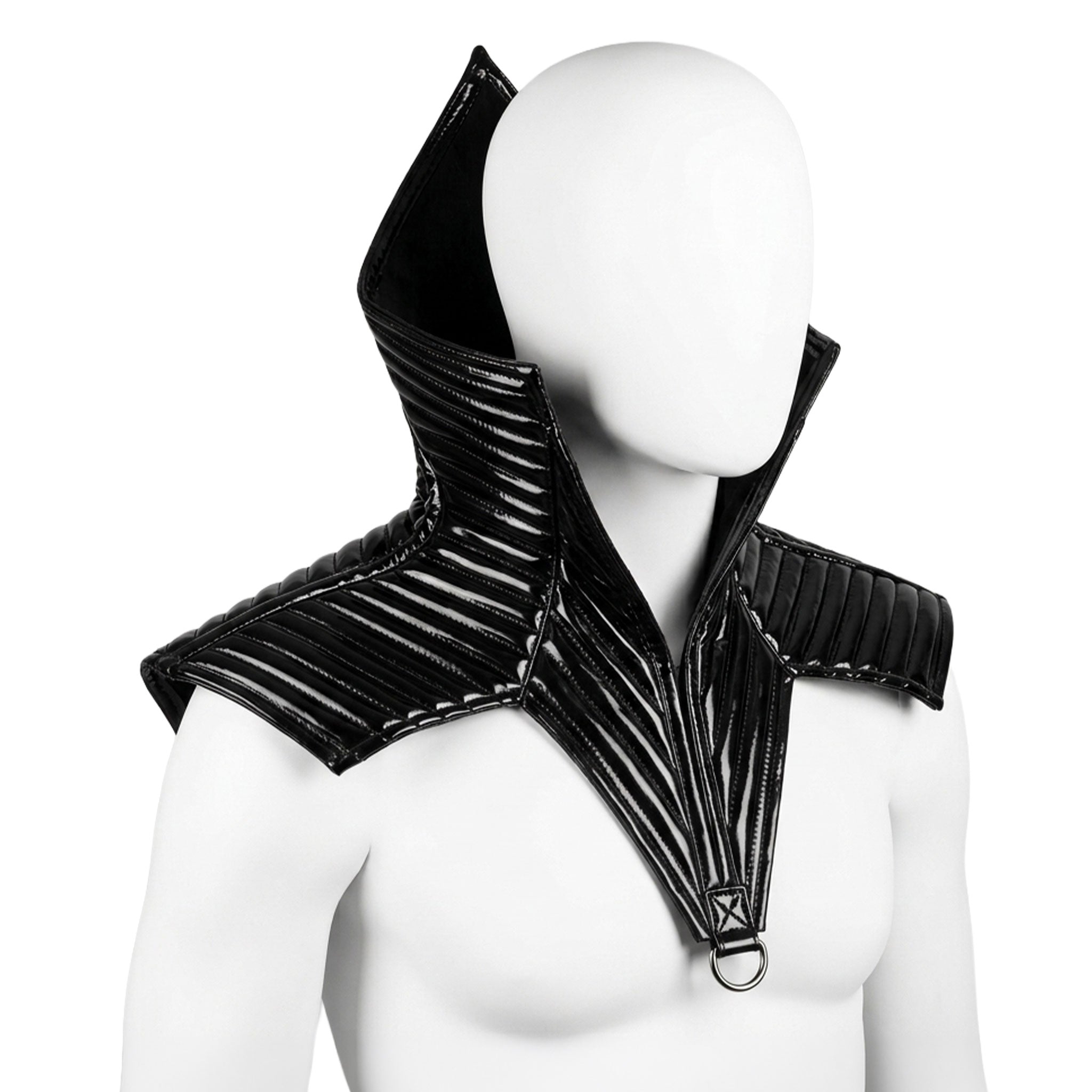 PVC vinyl polyurethane polyester polyamid-lining ester-foam accessories top outerwear collar shoulder pointed-shoulder shoulder-collar mantle ribbed D-ring high-neck triangle triangular zipper front-zip shiny glossy futuristic soft costume cosplay halloween pharaoh tatjana-wernecke male masculine masc mens guys dudes unisex black
