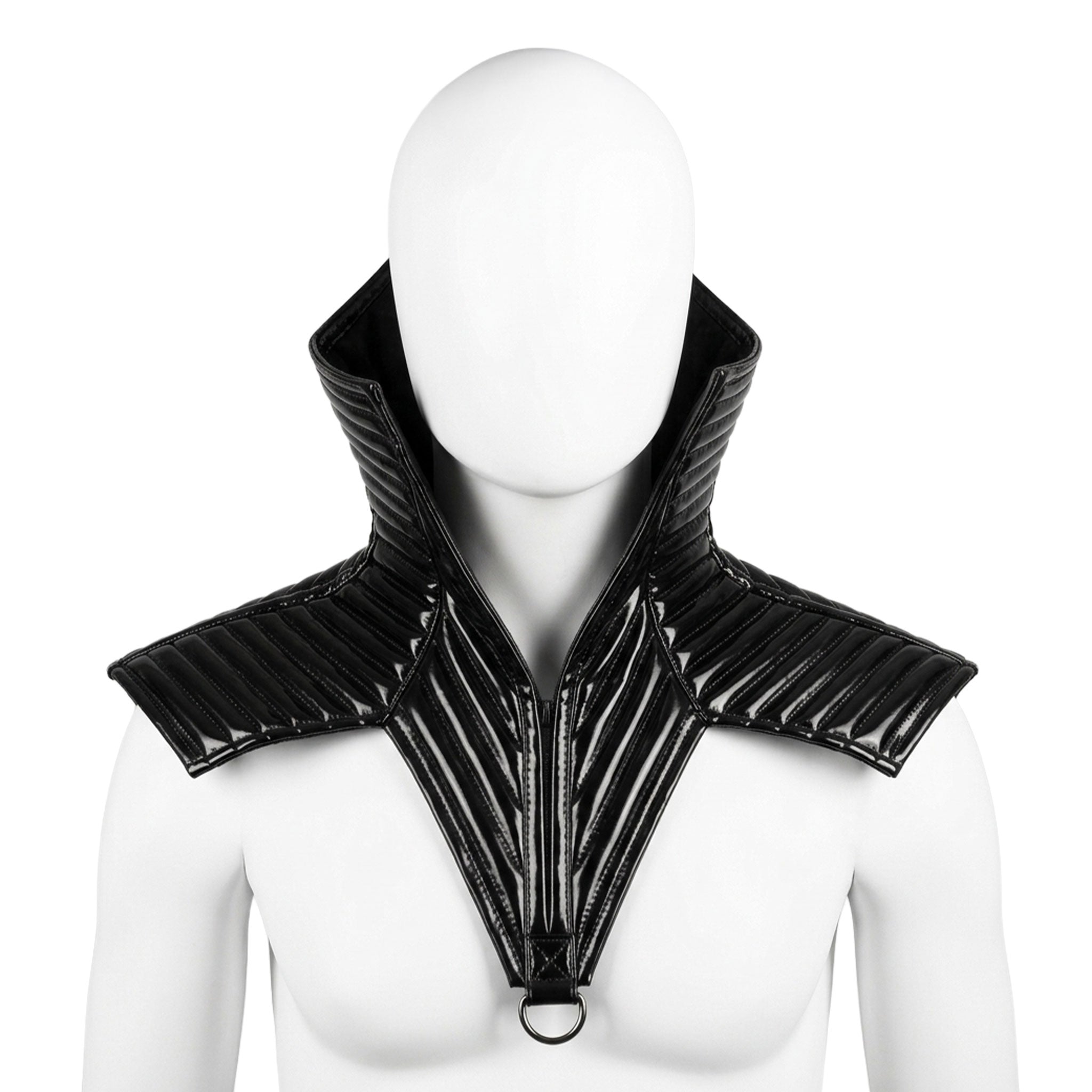PVC vinyl polyurethane polyester polyamid-lining ester-foam accessories top outerwear collar shoulder pointed-shoulder shoulder-collar mantle ribbed D-ring high-neck triangle triangular zipper front-zip shiny glossy futuristic soft costume cosplay halloween pharaoh tatjana-wernecke male masculine masc mens guys dudes unisex black
