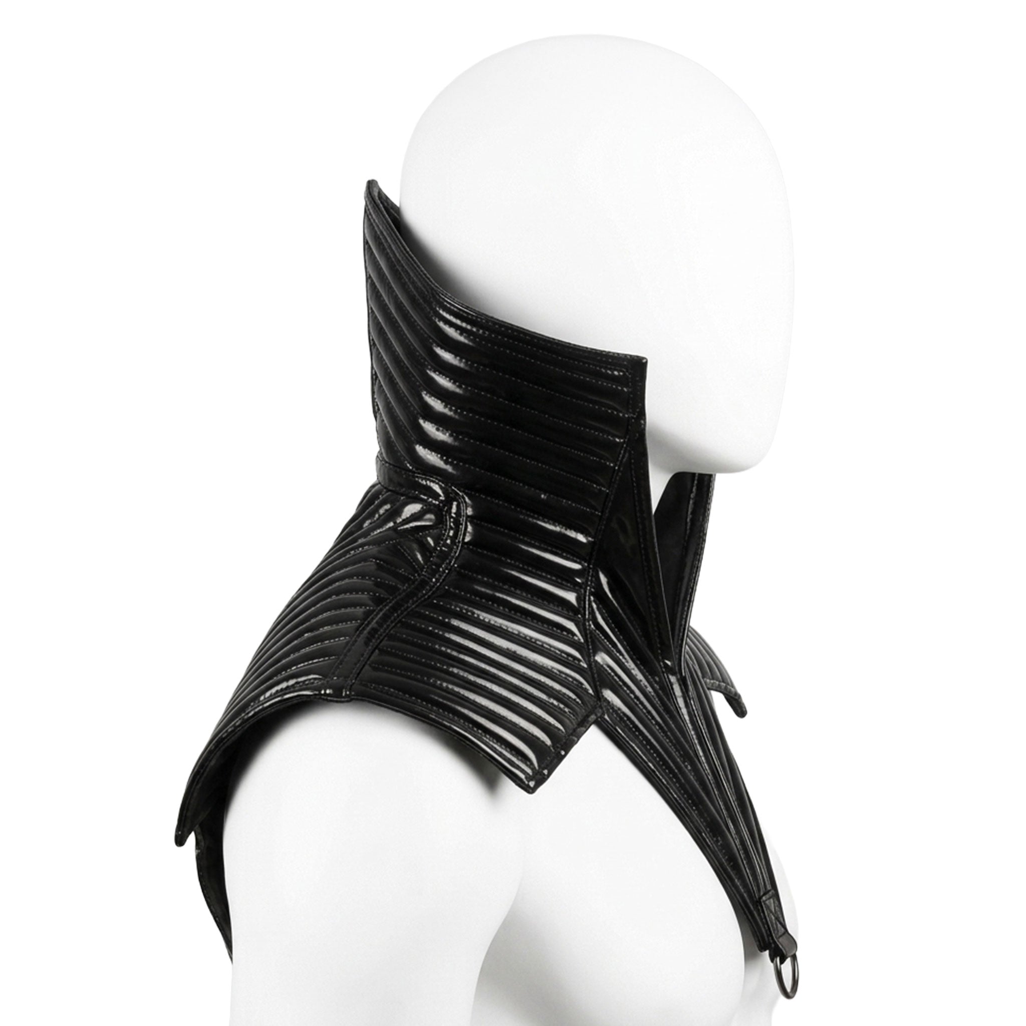 PVC vinyl polyurethane polyester polyamid-lining ester-foam accessories top outerwear collar shoulder pointed-shoulder shoulder-collar mantle ribbed D-ring high-neck triangle triangular zipper front-zip shiny glossy futuristic soft costume cosplay halloween pharaoh tatjana-wernecke male masculine masc mens guys dudes unisex black
