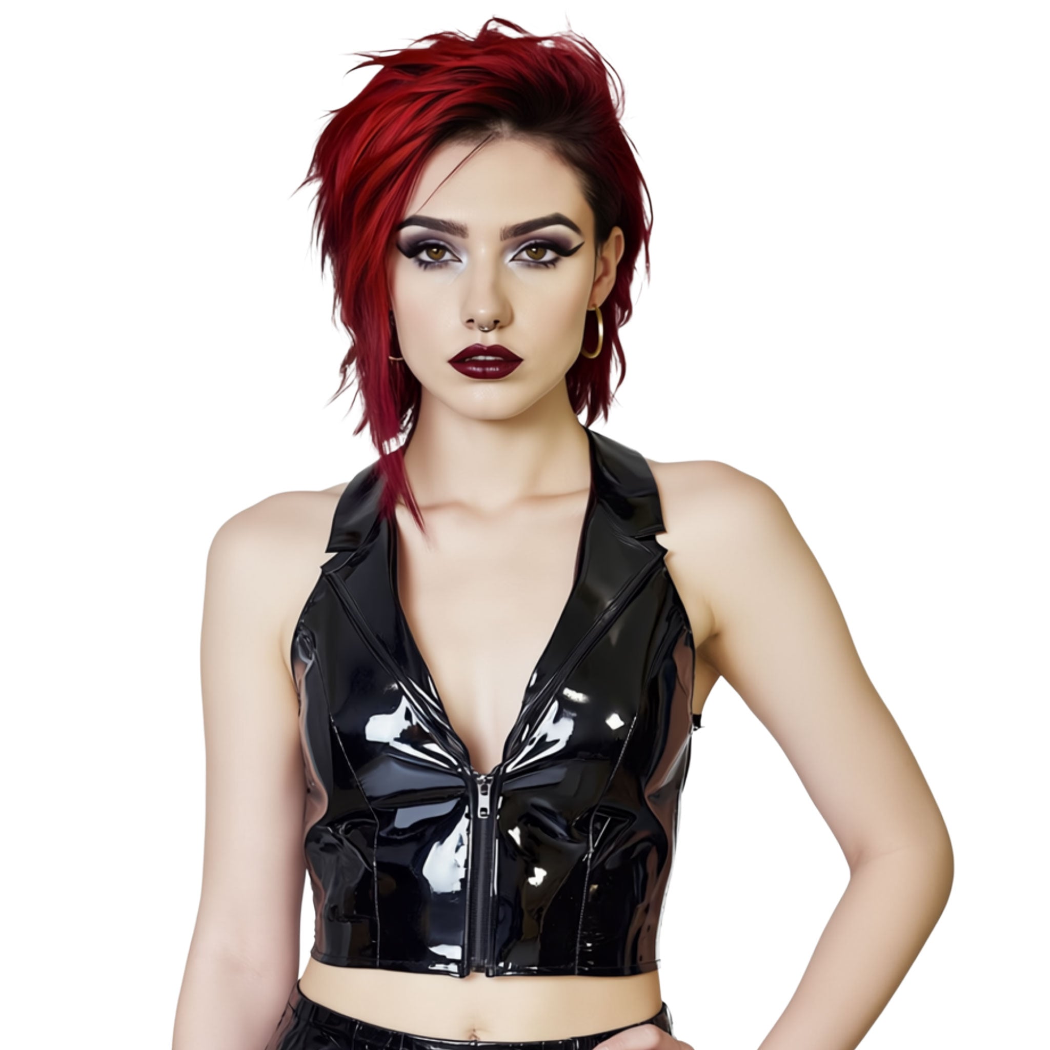 PVC vinyl apparel top cropped crop-top waistcoat sleeveless halter-neck lapels plunging-neckline cleavage elasticated-back open-back zipper front-zip full-zip adjustable bold shiny glossy sleek comfortable breathable figure-flattering edgy striking fetish fashion alt-fashion alternative rock punk goth gothic cyber festival bedroom dungeon clubbing clubwear rave raver-babe costume cosplay halloween female femme feminine womens black
