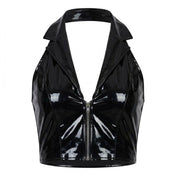 PVC vinyl apparel top cropped crop-top waistcoat sleeveless halter-neck lapels plunging-neckline cleavage elasticated-back open-back zipper front-zip full-zip adjustable bold shiny glossy sleek comfortable breathable figure-flattering edgy striking fetish fashion alt-fashion alternative rock punk goth gothic cyber festival bedroom dungeon clubbing clubwear rave raver-babe costume cosplay halloween female femme feminine womens black