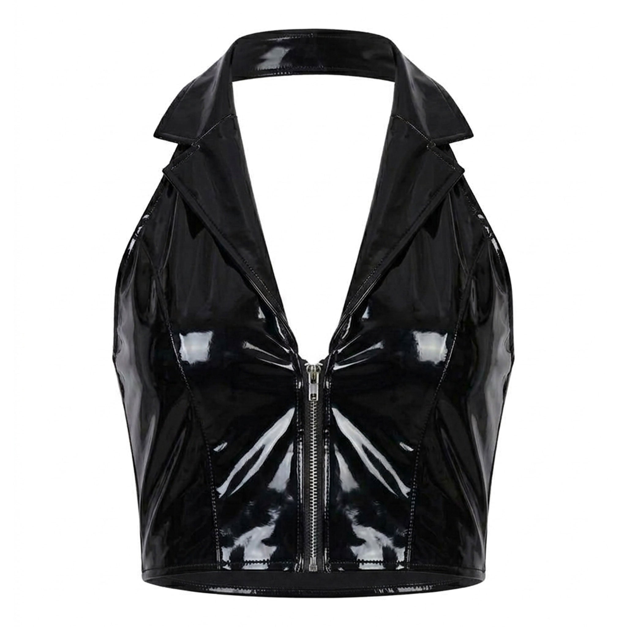 PVC vinyl apparel top cropped crop-top waistcoat sleeveless halter-neck lapels plunging-neckline cleavage elasticated-back open-back zipper front-zip full-zip adjustable bold shiny glossy sleek comfortable breathable figure-flattering edgy striking fetish fashion alt-fashion alternative rock punk goth gothic cyber festival bedroom dungeon clubbing clubwear rave raver-babe costume cosplay halloween female femme feminine womens black