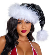 PVC vinyl faux-fur accessories headgear hats santa-hat floppy-hat fur-trim shiny glossy festive frisky fantastic fashion alt-fashion costume cosplay halloween holiday-gifts roleplay role-play santa-claus unisex black white