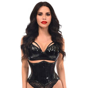 PVC vinyl cotton-twill twill-lining nickel-brass apparel corset cincher waist-cincher waist-trainer underbust under-bust front-closure front-busk busk-closure boning steel-boning double-steel spiral-boning flat-boning support waist-tape modesty-panel adjustable hosiery sleek glossy shiny bold fetish fashion alt-fashion goth gothic goth-doll cyber cyberpunk cyber-punk cybergoth cyber-goth clubwear kink kinky kinkwear costume cosplay halloween female femme feminine womens black curvy 