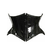 PVC vinyl cotton-twill twill-lining nickel-brass apparel corset cincher waist-cincher waist-trainer underbust under-bust front-closure front-busk busk-closure boning steel-boning double-steel spiral-boning flat-boning support waist-tape modesty-panel adjustable hosiery sleek glossy shiny bold fetish fashion alt-fashion goth gothic goth-doll cyber cyberpunk cyber-punk cybergoth cyber-goth clubwear kink kinky kinkwear costume cosplay halloween female femme feminine womens black curvy 