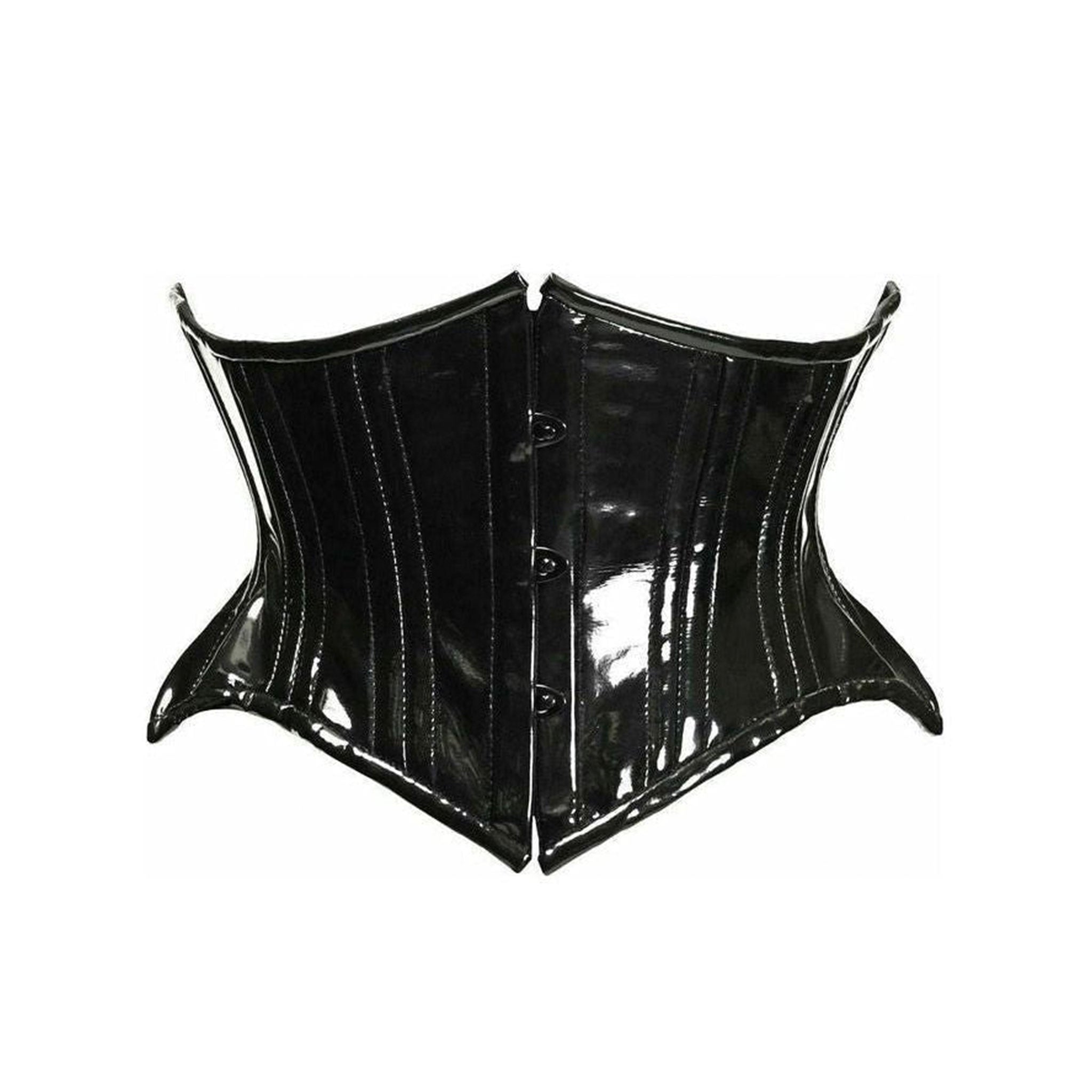 PVC vinyl cotton-twill twill-lining nickel-brass apparel corset cincher waist-cincher waist-trainer underbust under-bust front-closure front-busk busk-closure boning steel-boning double-steel spiral-boning flat-boning support waist-tape modesty-panel adjustable hosiery sleek glossy shiny bold fetish fashion alt-fashion goth gothic goth-doll cyber cyberpunk cyber-punk cybergoth cyber-goth clubwear kink kinky kinkwear costume cosplay halloween female femme feminine womens black curvy 