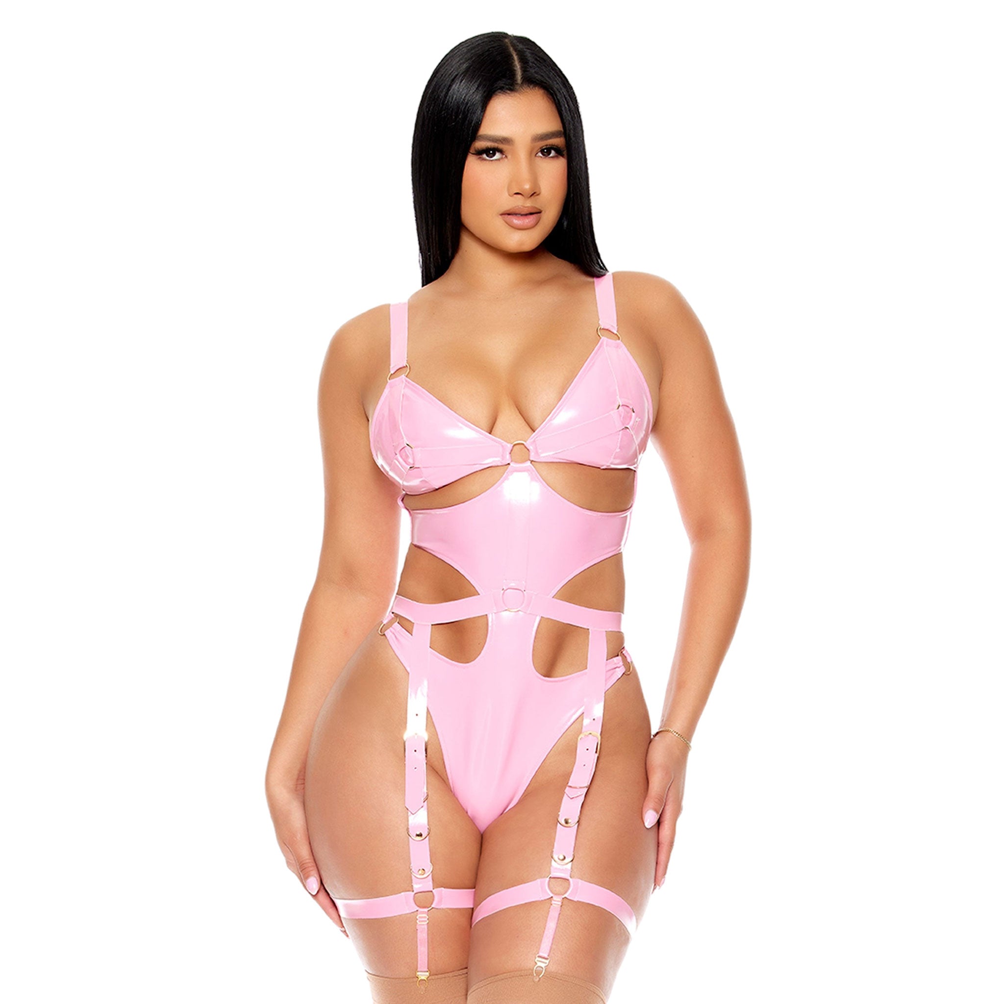 PVC vinyl spandex nylon intimates lingerie teddy bodysuit one-piece harness garter garter-stays garters buckle stretch slide-clips cut-out cutout hidden-zipper sexy glossy playful wild unique eye-catching female femme feminine women pink