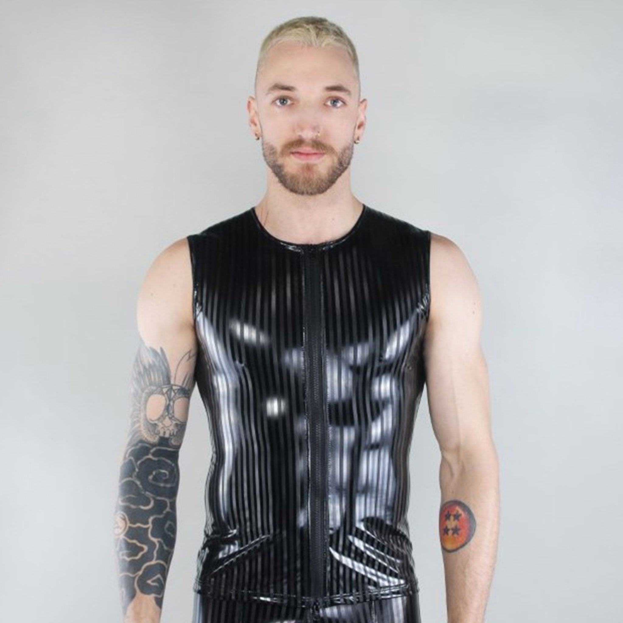 PVC vinyl top shirt vest sleeveles muscle-shirt basic muscle-T muscle-tee tanktop tank-top high-neckline front-zip zipper 2way 2-way two-way pinstripes pin-stripes stripes snug shiny accentuating fetish fashion alt-fashion party club clubbing rave ravewear male masculine masc mens guys dudes black
