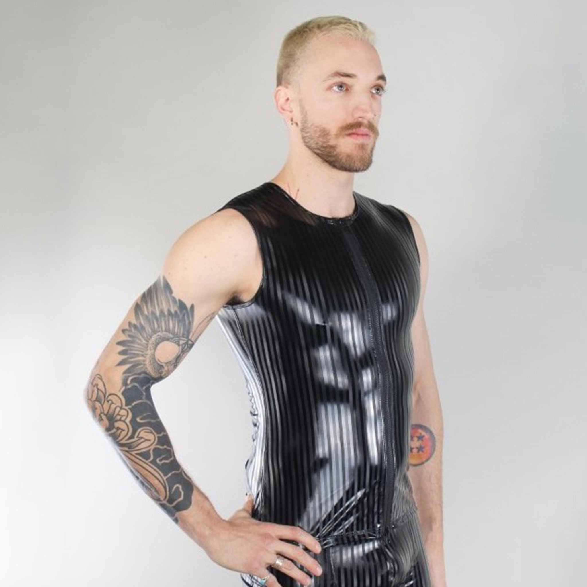 PVC vinyl top shirt vest sleeveles muscle-shirt basic muscle-T muscle-tee tanktop tank-top high-neckline front-zip zipper 2way 2-way two-way pinstripes pin-stripes stripes snug shiny accentuating fetish fashion alt-fashion party club clubbing rave ravewear male masculine masc mens guys dudes black