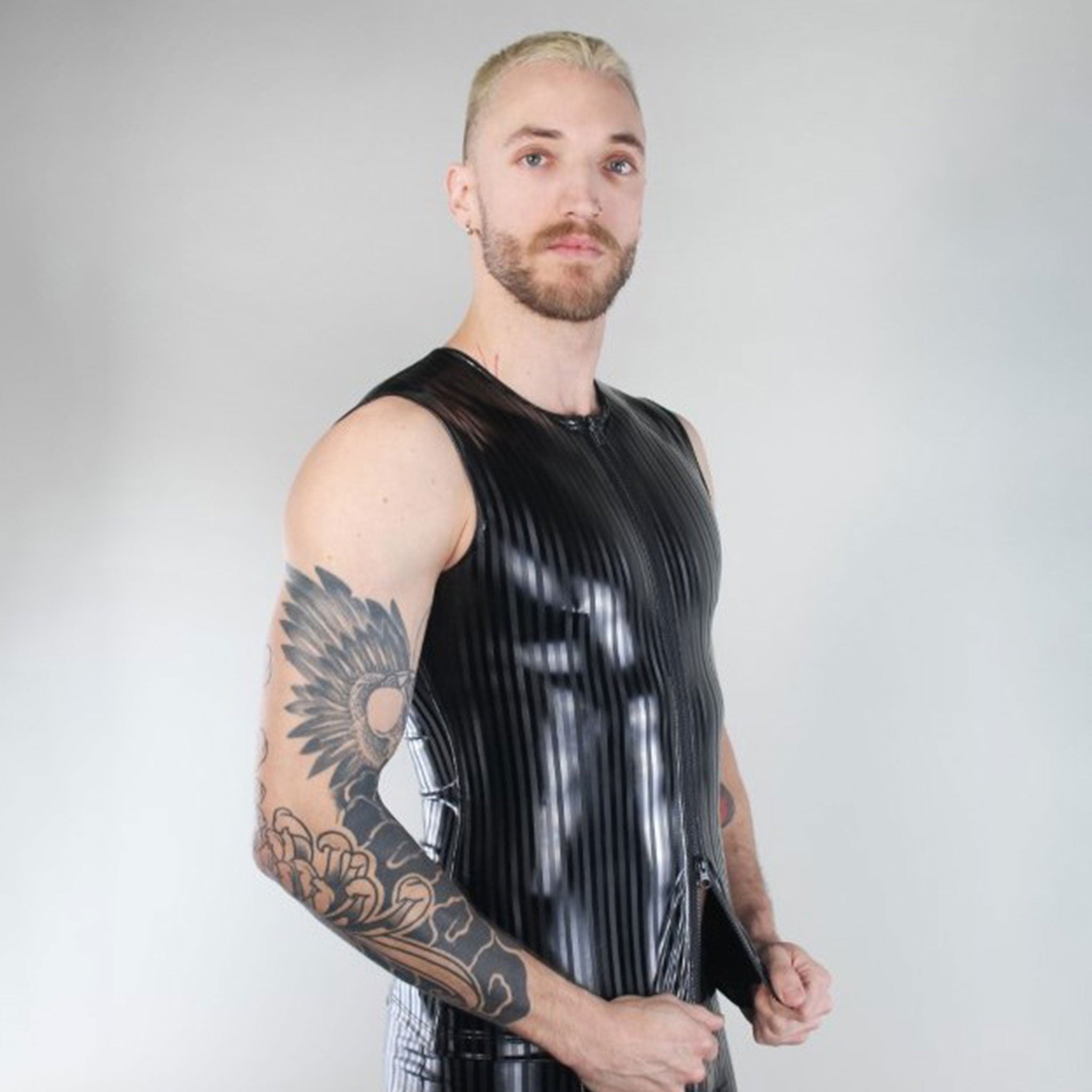 PVC vinyl top shirt vest sleeveles muscle-shirt basic muscle-T muscle-tee tanktop tank-top high-neckline front-zip zipper 2way 2-way two-way pinstripes pin-stripes stripes snug shiny accentuating fetish fashion alt-fashion party club clubbing rave ravewear male masculine masc mens guys dudes black
