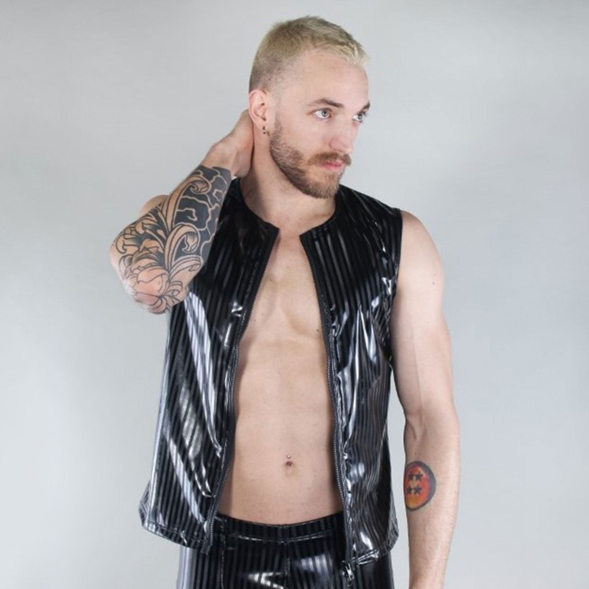 PVC vinyl top shirt vest sleeveles muscle-shirt basic muscle-T muscle-tee tanktop tank-top high-neckline front-zip zipper 2way 2-way two-way pinstripes pin-stripes stripes snug shiny accentuating fetish fashion alt-fashion party club clubbing rave ravewear male masculine masc mens guys dudes black