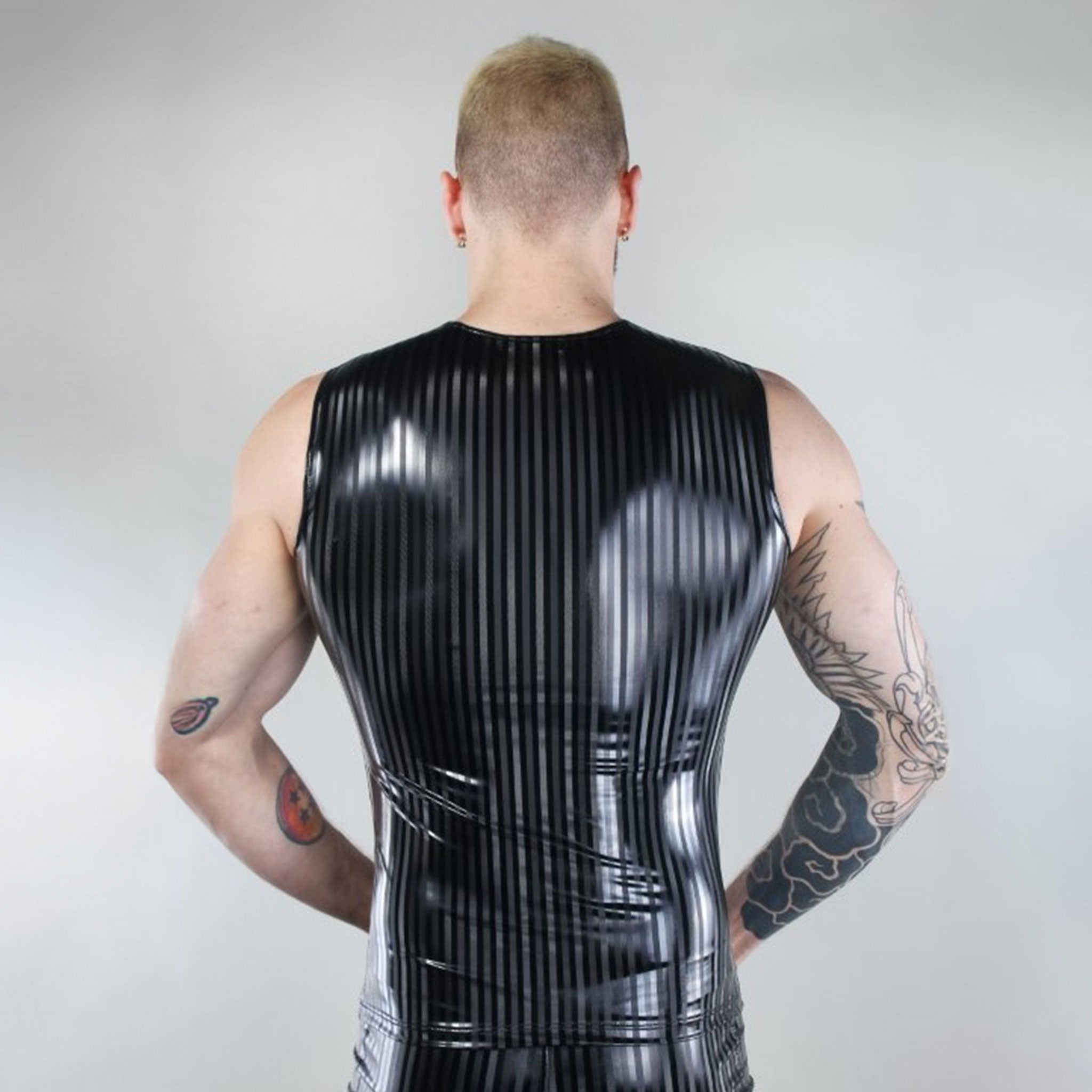 PVC vinyl top shirt vest sleeveles muscle-shirt basic muscle-T muscle-tee tanktop tank-top high-neckline front-zip zipper 2way 2-way two-way pinstripes pin-stripes stripes snug shiny accentuating fetish fashion alt-fashion party club clubbing rave ravewear male masculine masc mens guys dudes black